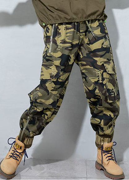 Camouflage Hole Drawstring Pockets Pants Spring