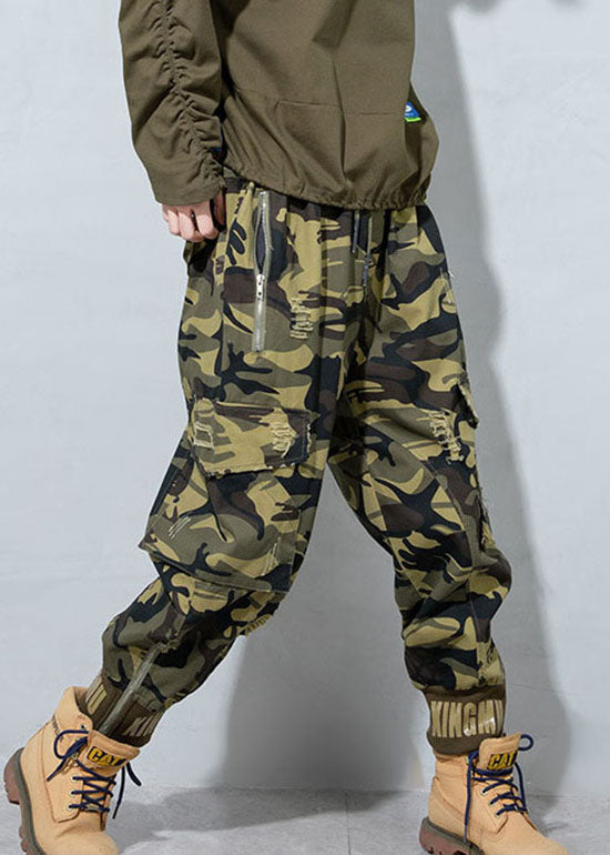 Camouflage Hole Drawstring Pockets Pants Spring