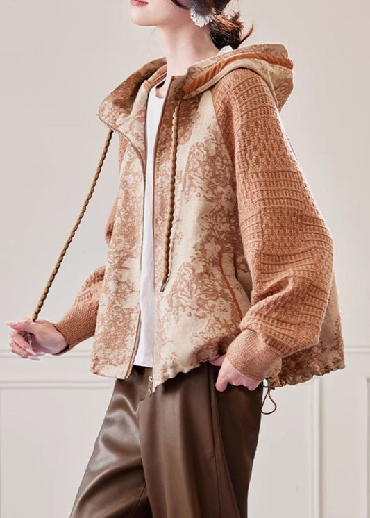 Caramel Hooded Drawstring Knit Patchwork Coat Spring