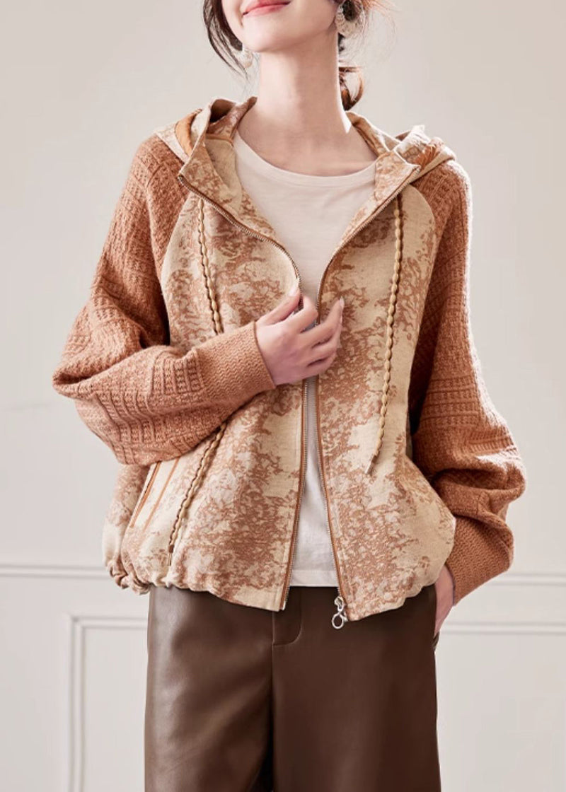 Caramel Hooded Drawstring Knit Patchwork Coat Spring