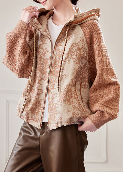 Caramel Hooded Drawstring Knit Patchwork Coat Spring