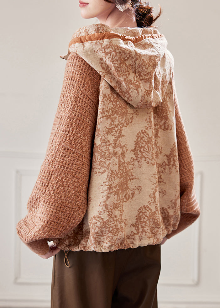 Caramel Hooded Drawstring Knit Patchwork Coat Spring