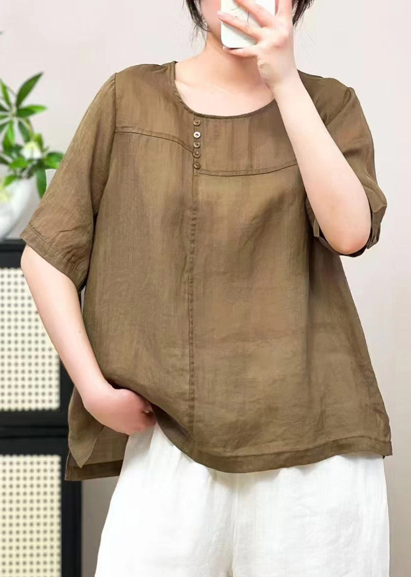 Caramel O Neck Patchwork Linen T Shirts Summer