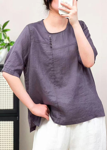 Caramel O Neck Patchwork Linen T Shirts Summer