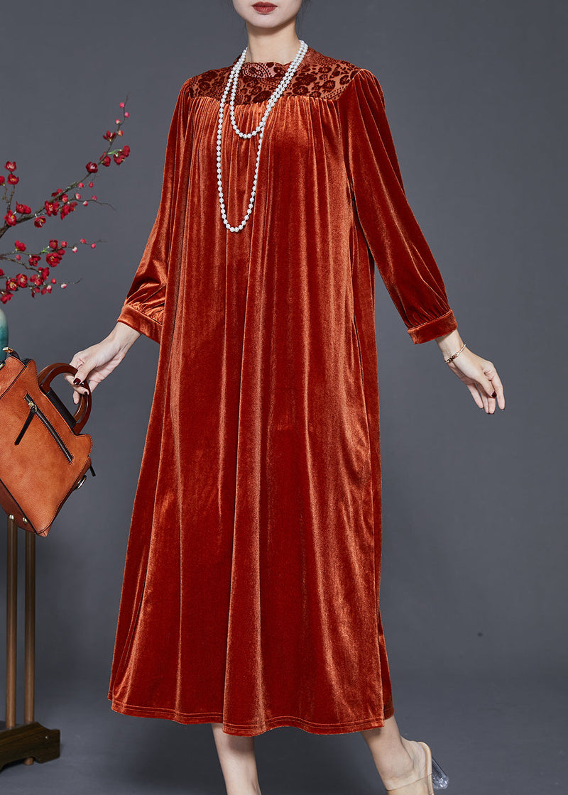 Caramel Oversized Patchwork Silk Velvet Ankle Dress Spring