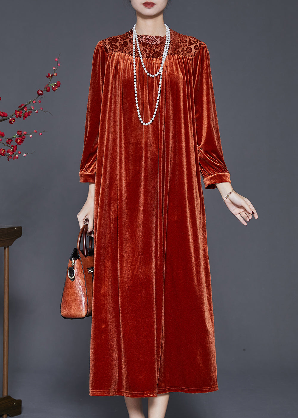 Caramel Oversized Patchwork Silk Velvet Ankle Dress Spring