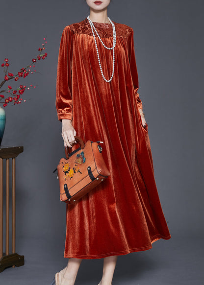 Caramel Oversized Patchwork Silk Velvet Ankle Dress Spring