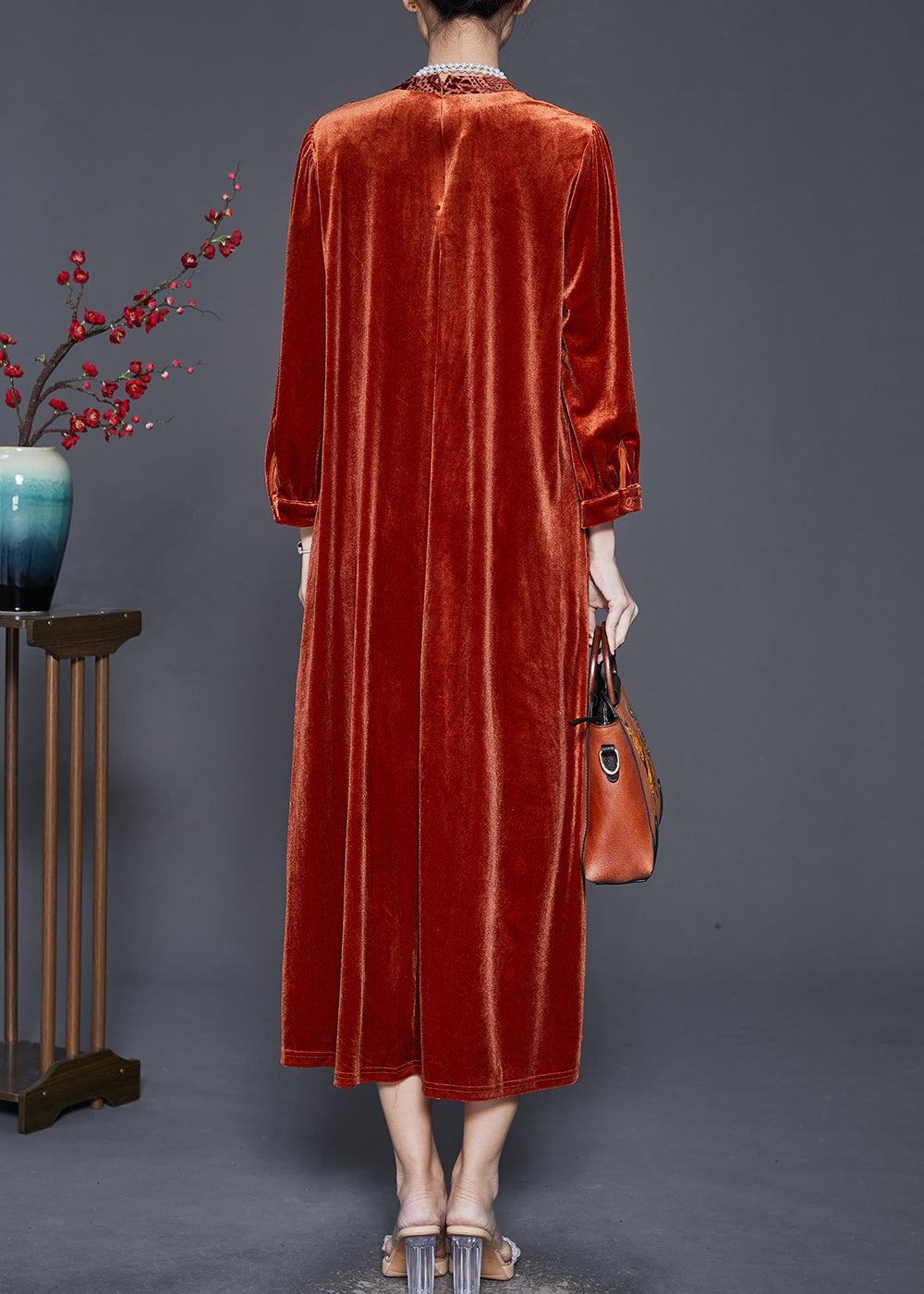 Caramel Oversized Patchwork Silk Velvet Ankle Dress Spring