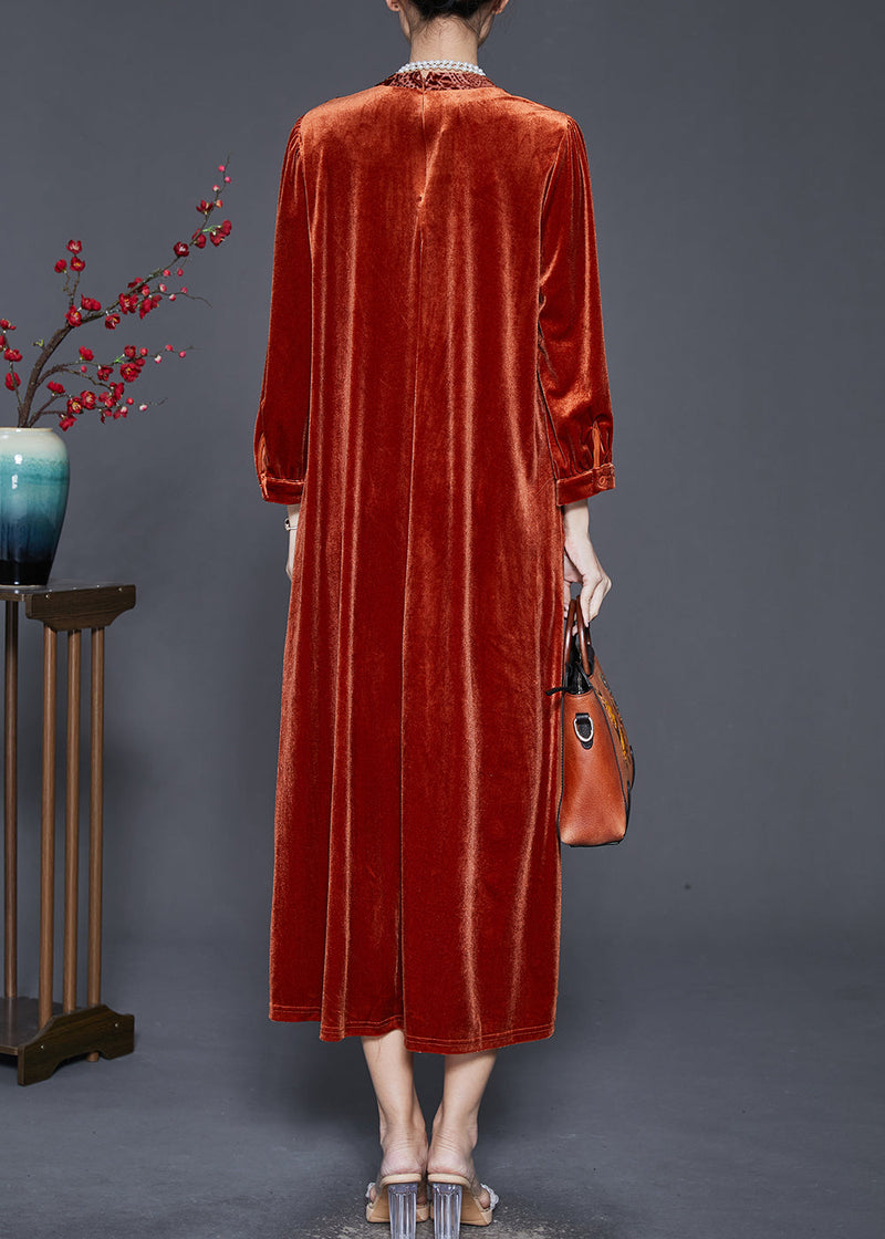 Caramel Oversized Patchwork Silk Velvet Ankle Dress Spring
