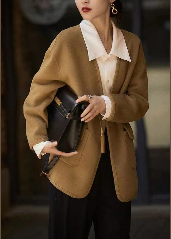 Caramel V Neck Button Pockets Patchwork Woolen Coats Long Sleeve