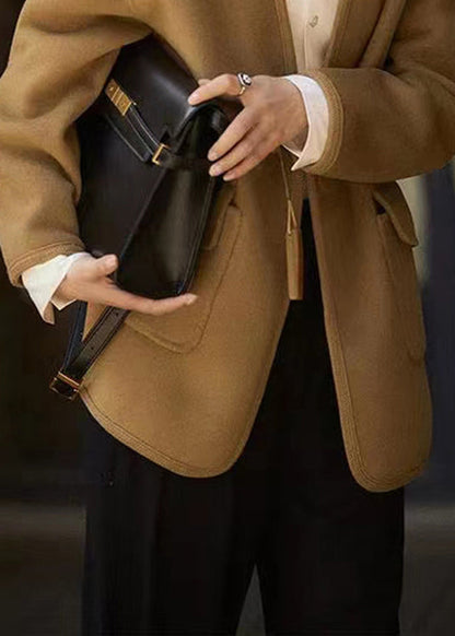 Caramel V Neck Button Pockets Patchwork Woolen Coats Long Sleeve