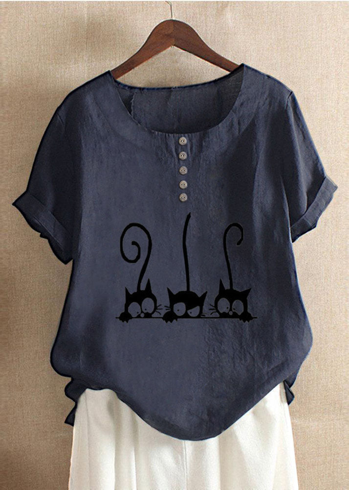 Cartoon Cat Print Crew Neck Short Sleeve Blouse