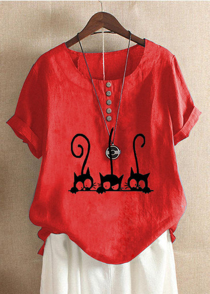 Cartoon Cat Print Crew Neck Short Sleeve Blouse