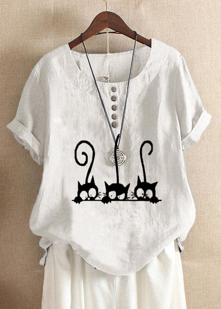 Cartoon Cat Print Crew Neck Short Sleeve Blouse