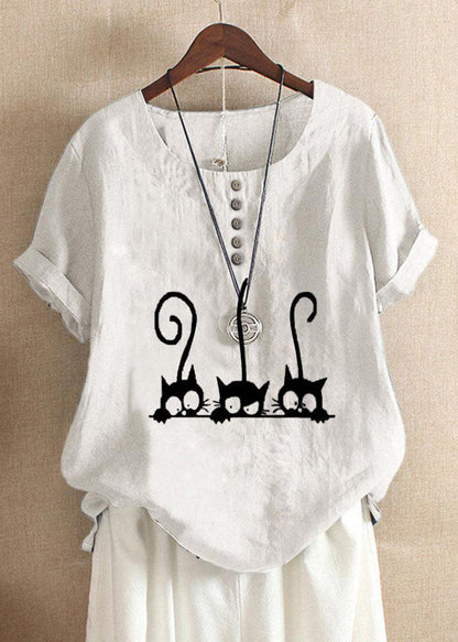 Cartoon Cat Print Crew Neck Short Sleeve Blouse