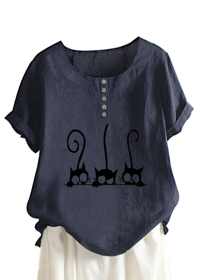 Cartoon Cat Print Crew Neck Short Sleeve Blouse