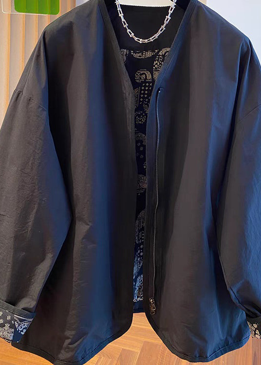 Black Zip Up Patchwork Cotton Jackets Spring
