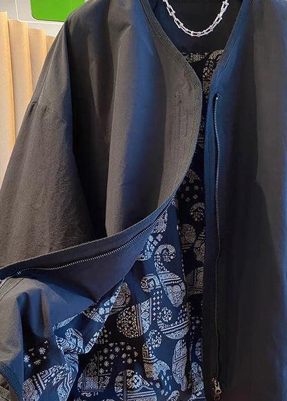 Black Zip Up Patchwork Cotton Jackets Spring