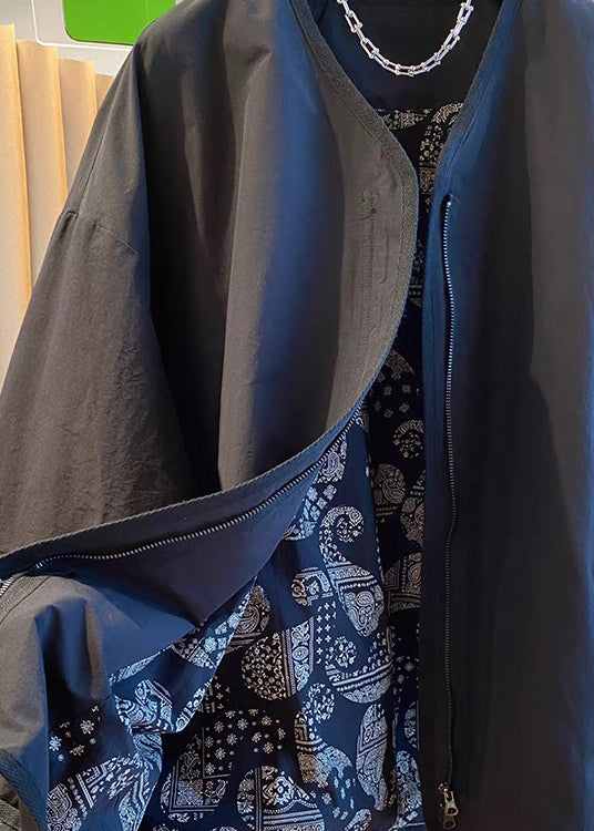 Black Zip Up Patchwork Cotton Jackets Spring