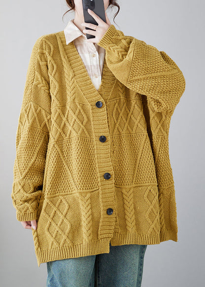 Yellow V Neck Button Knit Cardigans Coat Fall
