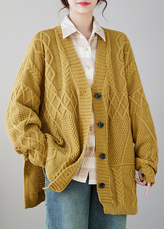 Yellow V Neck Button Knit Cardigans Coat Fall