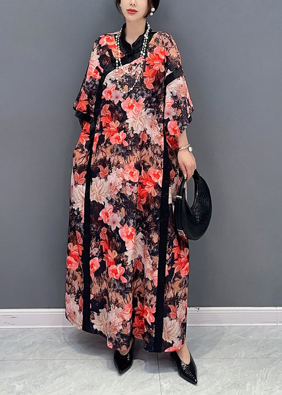 Chinese Style Red Stand Collar Print Chiffon Dresses Fall