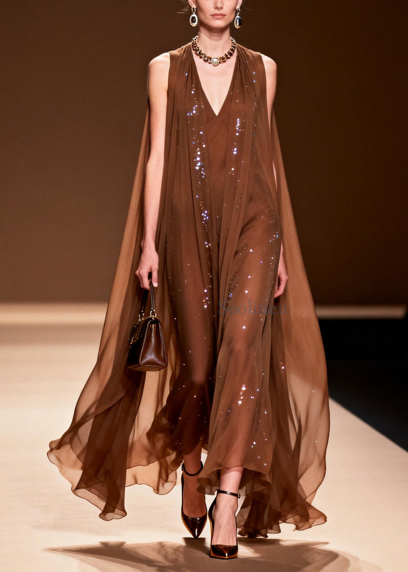 Choaolate Oversized Rhinestone Chiffon Maxi Dresses Sleeveless