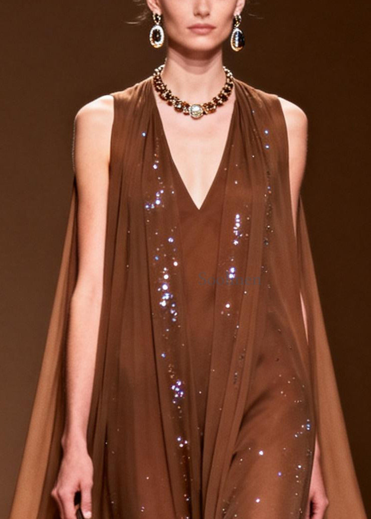 Choaolate Oversized Rhinestone Chiffon Maxi Dresses Sleeveless