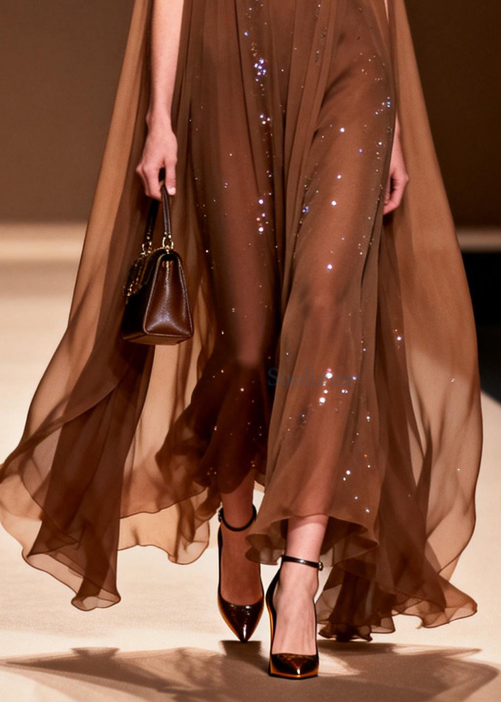 Choaolate Oversized Rhinestone Chiffon Maxi Dresses Sleeveless