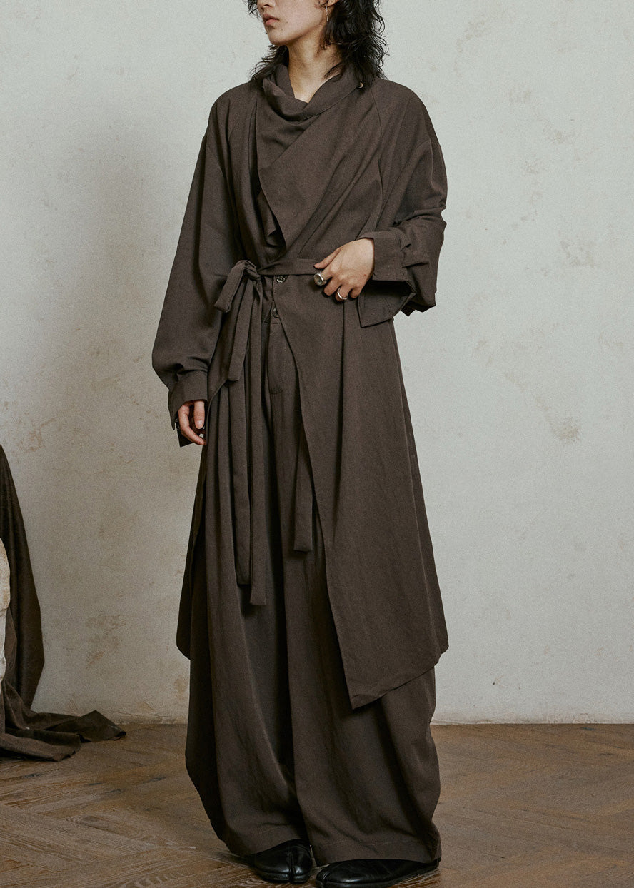 Chocolate Bow Pockets Maxi Trench Coats Lantern Sleeve
