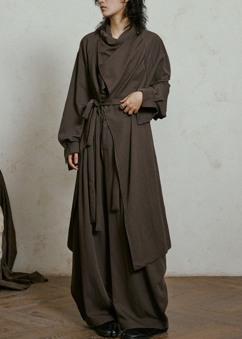 Chocolate Bow Pockets Maxi Trench Coats Lantern Sleeve