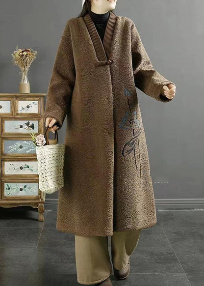 Chocolate Embroidered Chinese Button Faux Fur Coats Winter