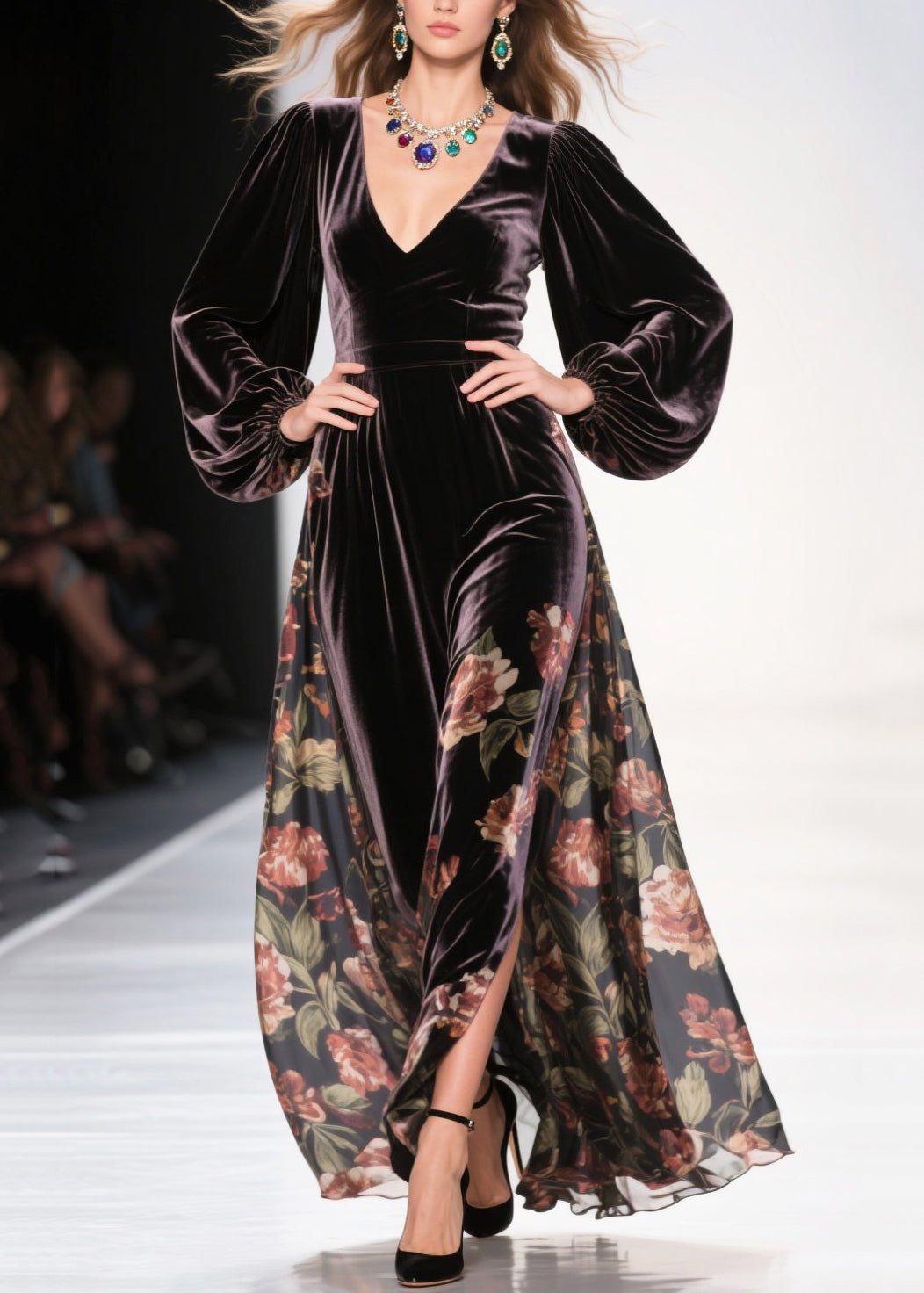 Chocolate Exra Large Hem Patchwork Print Silk Velvet Dress Spring