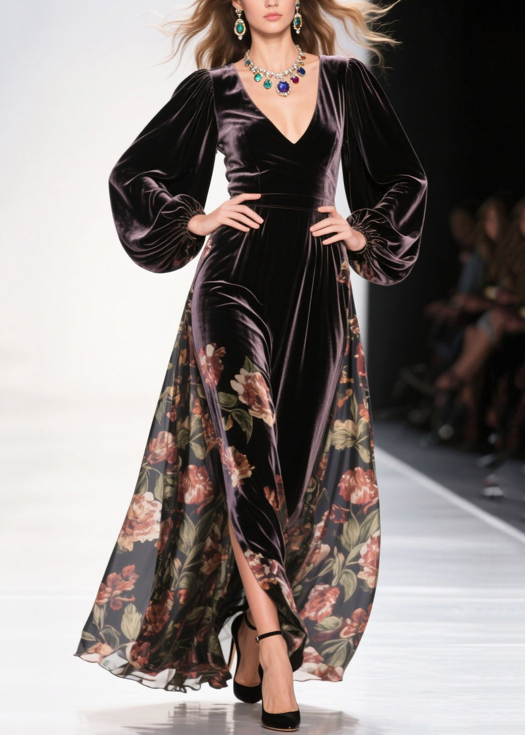 Chocolate Exra Large Hem Patchwork Print Silk Velvet Dress Spring