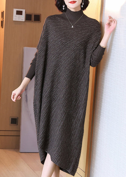 Chocolate Hign Neck Patchwork Woolen Sweater Dress Winter