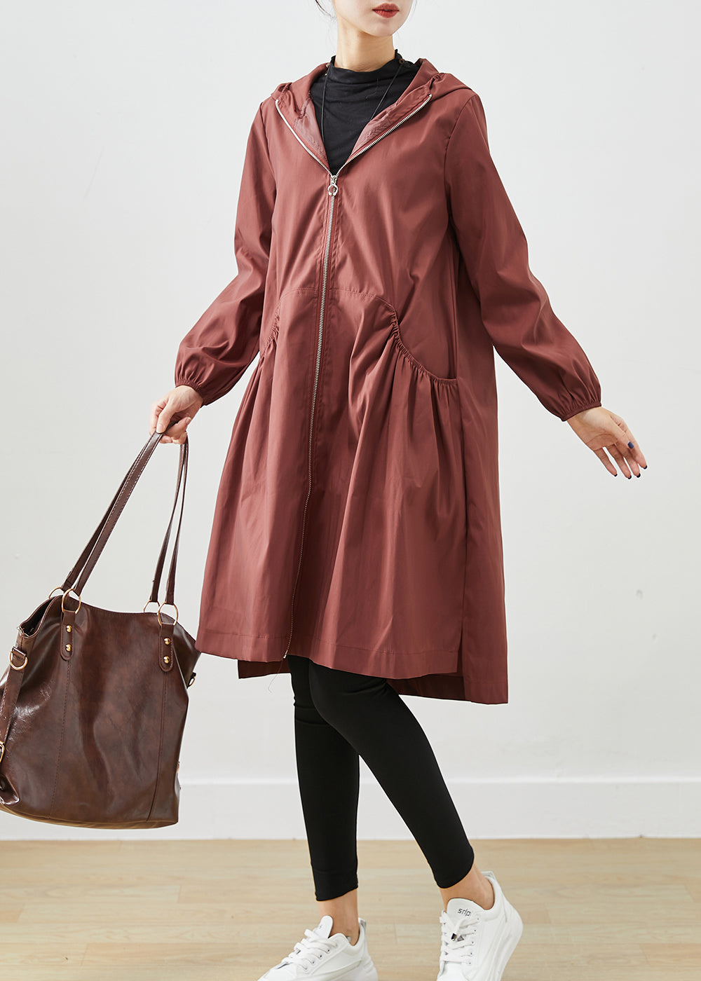 Chocolate Hooded Pockets Cotton Coats Fall