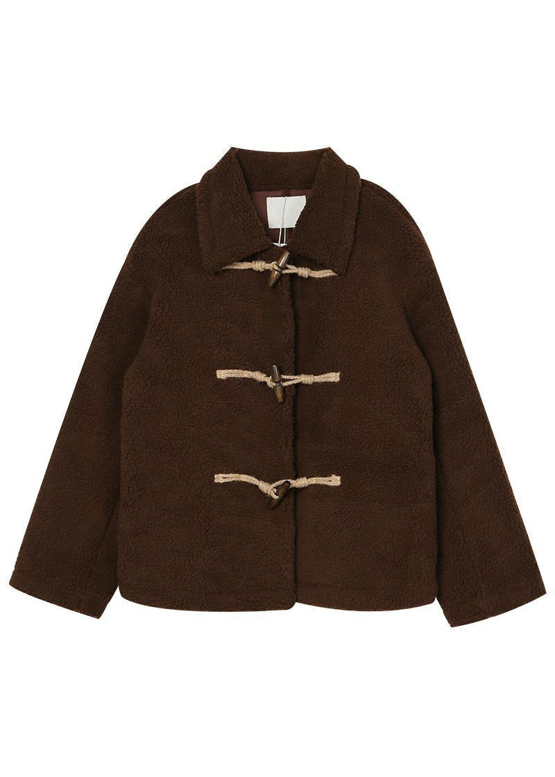 Chocolate Horn Button Thick Cashmere Teddy Coat Winter