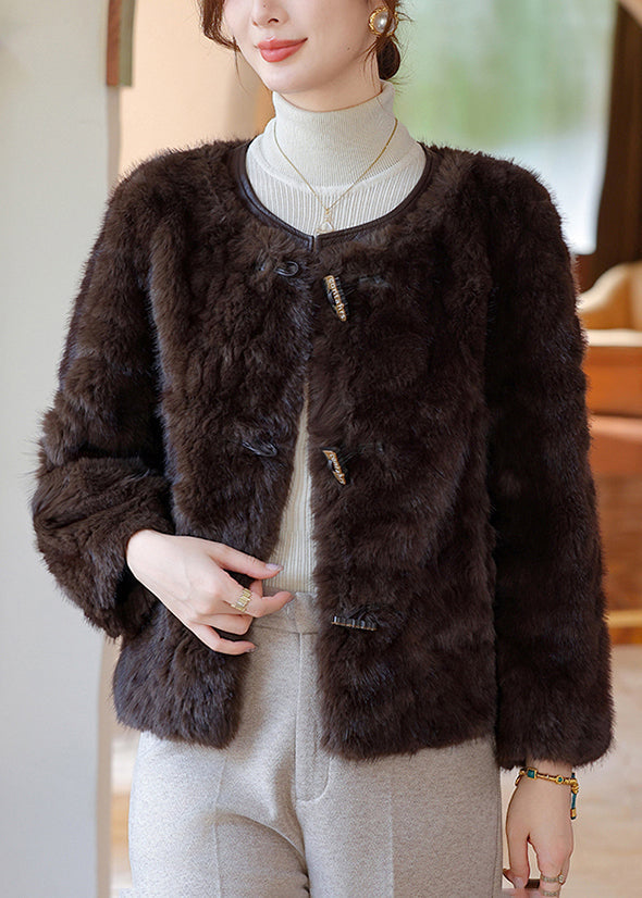 Chocolate O-neck Faux Fur Coat Winter