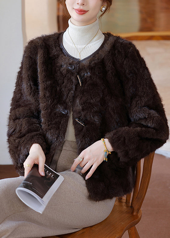 Chocolate O-neck Faux Fur Coat Winter