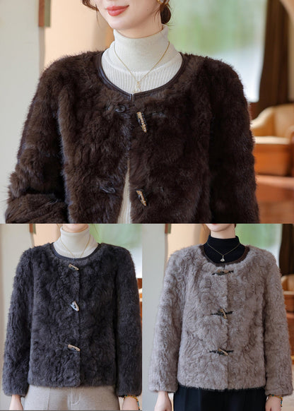 Chocolate O-neck Faux Fur Coat Winter