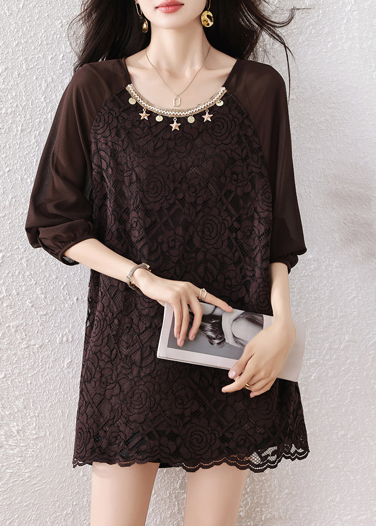 Chocolate Oversized Star Decorated Lace Shirt Tops Fall
