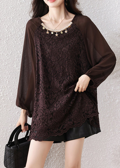 Plus Size Chocolate Oversized Star Decorated Lace Shirt Tops Fall