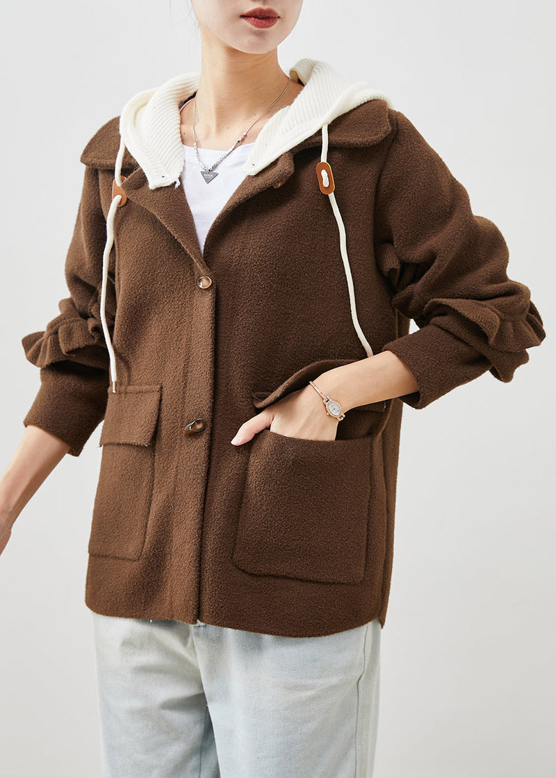 Chocolate Ruffled Patchwork Woolen Coat Spring