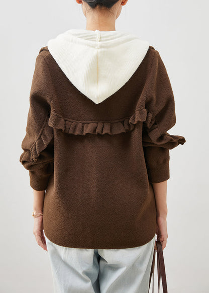 Chocolate Ruffled Patchwork Woolen Coat Spring