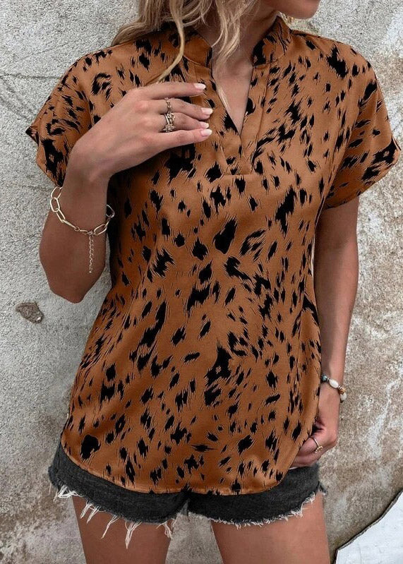 Chocolate V Neck Cozy Shirts Short Sleeve