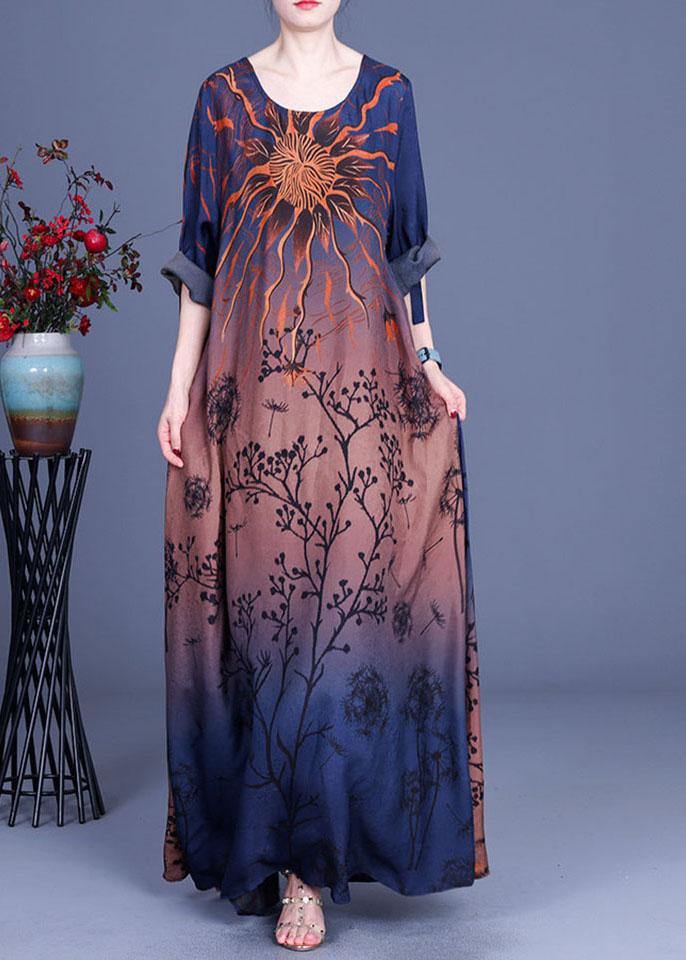 Chocolate Retro Print a Line Summer Silk Maxi Dresses
