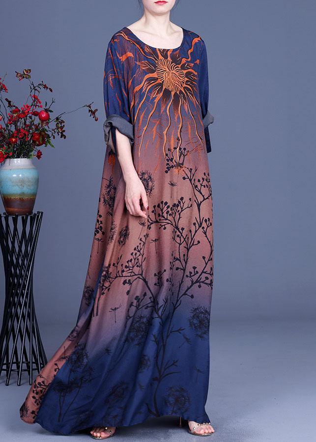 Chocolate Retro Print a Line Summer Silk Maxi Dresses