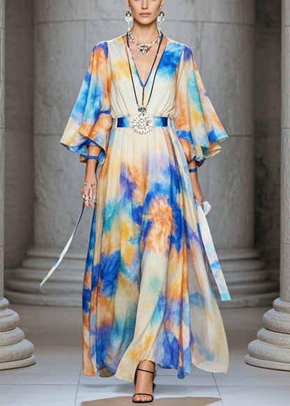 Cinched Tie Dye Chiffon Maxi Dresses Flare Sleeve