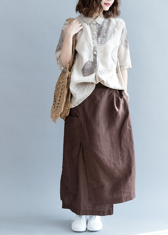 Chocolate Asymmetrical Pockets Linen Skirts Spring