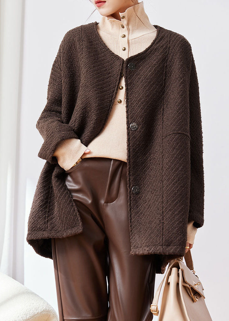 Coffee Button Patchwork Cozy Woolen Coat Fall